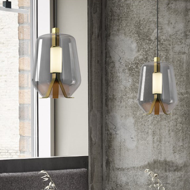 Postmodern Brass Pendant Light With Led Smoke Grey/Cognac Glass Shade - Dining Table Illumination