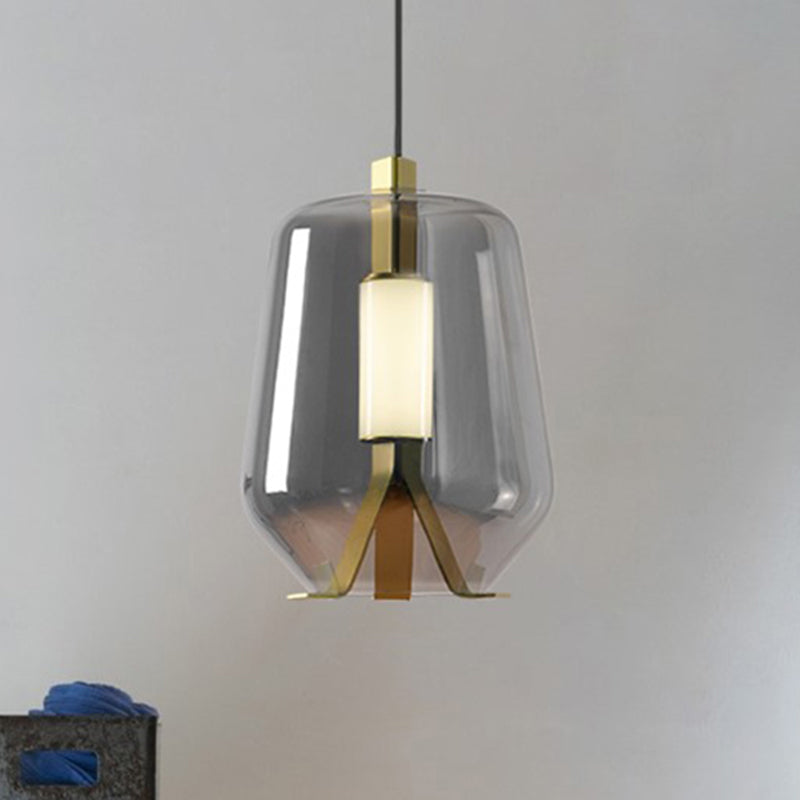 Postmodern Brass Pendant Light With Led Smoke Grey/Cognac Glass Shade - Dining Table Illumination