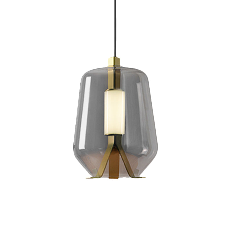 Postmodern Brass Pendant Light With Led Smoke Grey/Cognac Glass Shade - Dining Table Illumination