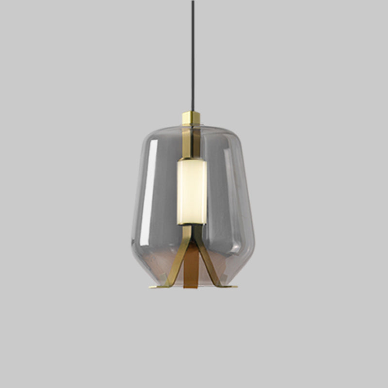 Postmodern Brass Pendant Light with Bottle Smoke Grey/Cognac Glass Shade - Dining Table LED Lighting