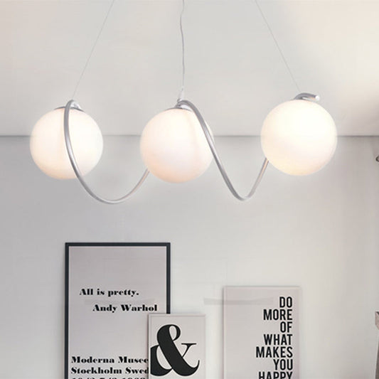 Sleek Spiral Iron Cluster Pendant with Globe White Glass Shade - Modern 3-Head Suspended Lighting Fixture