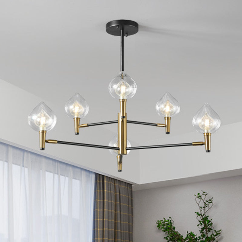 Postmodern Raindrop Chandelier: Clear and Seedy Glass Bedroom Drop Lamp with Branching Arm (6/8-Bulb), Black and Gold