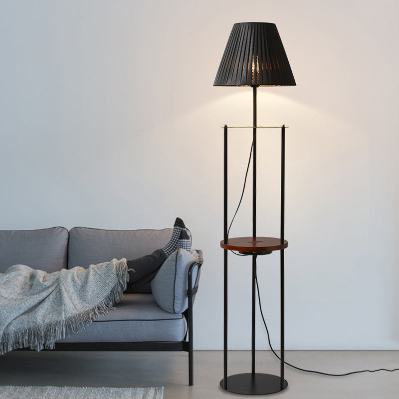Modern Pleated Fabric Floor Lamp With Tapered Stand Shelf And Black Finish