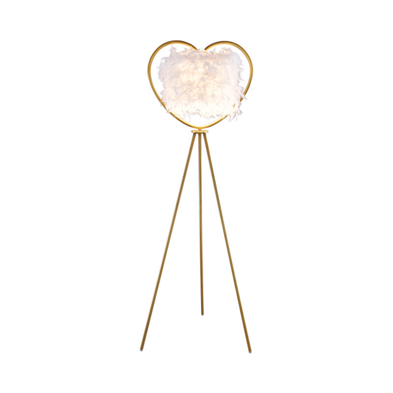 Modern Metallic 1-Head Black/Gold Finish Floor Lamp With Feather Shade & Loving Heart Frame