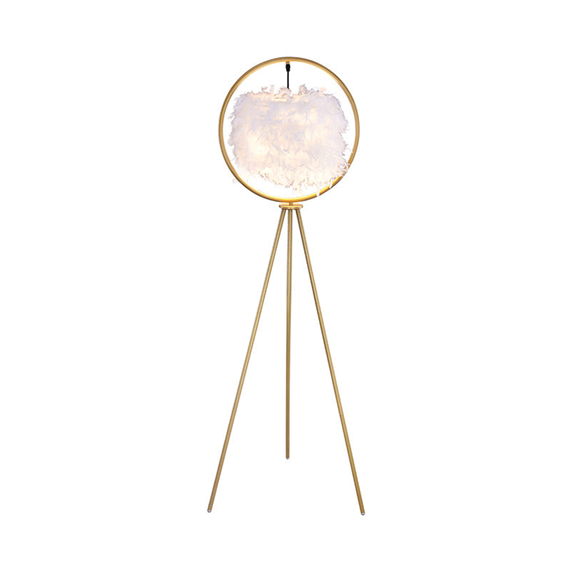 Postmodern Black/Gold Tripod Floor Lamp With Feather Shade - 1-Bulb Metal Standing Light