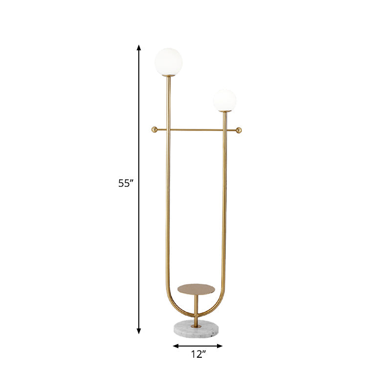 Gold U-Arm Spherical Floor Lamp With Frosted Glass Shades - Modern 2-Bulb Standing Light