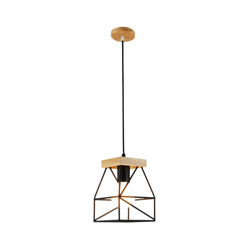 Geometric Pendant Light with Cage Shade - 1 Light Metal Lighting in Black/Blue for Bedroom