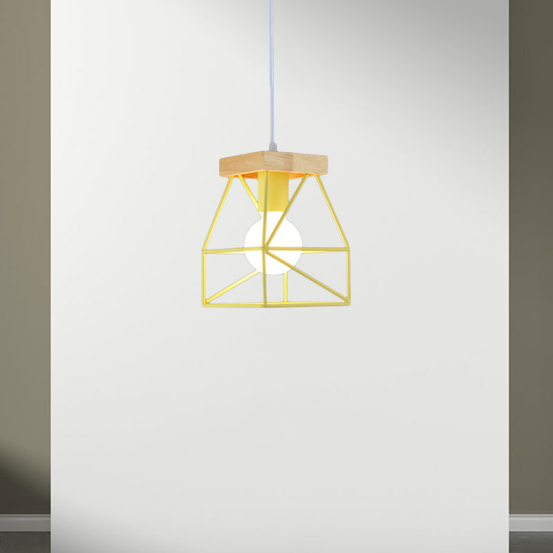 Geometric Macaron Pendant Light With Cage Shade For Bedroom - 1 Minimalist Metal Lighting In