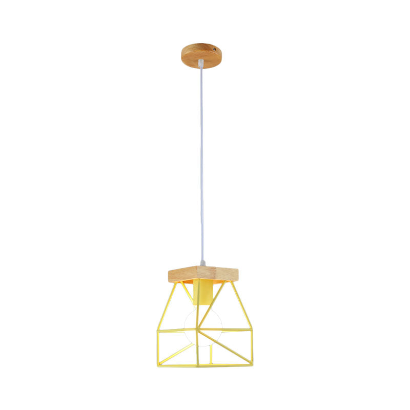 Geometric Pendant Light with Cage Shade - 1 Light Metal Lighting in Black/Blue for Bedroom