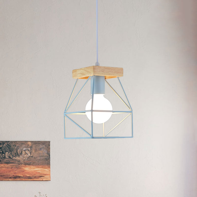 Geometric Macaron Pendant Light With Cage Shade For Bedroom - 1 Minimalist Metal Lighting In