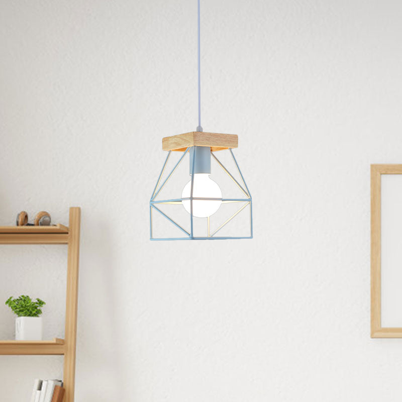 Geometric Macaron Pendant Light With Cage Shade For Bedroom - 1 Minimalist Metal Lighting In