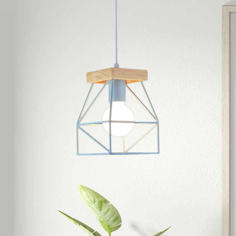 Geometric Macaron Pendant Light With Cage Shade For Bedroom - 1 Minimalist Metal Lighting In