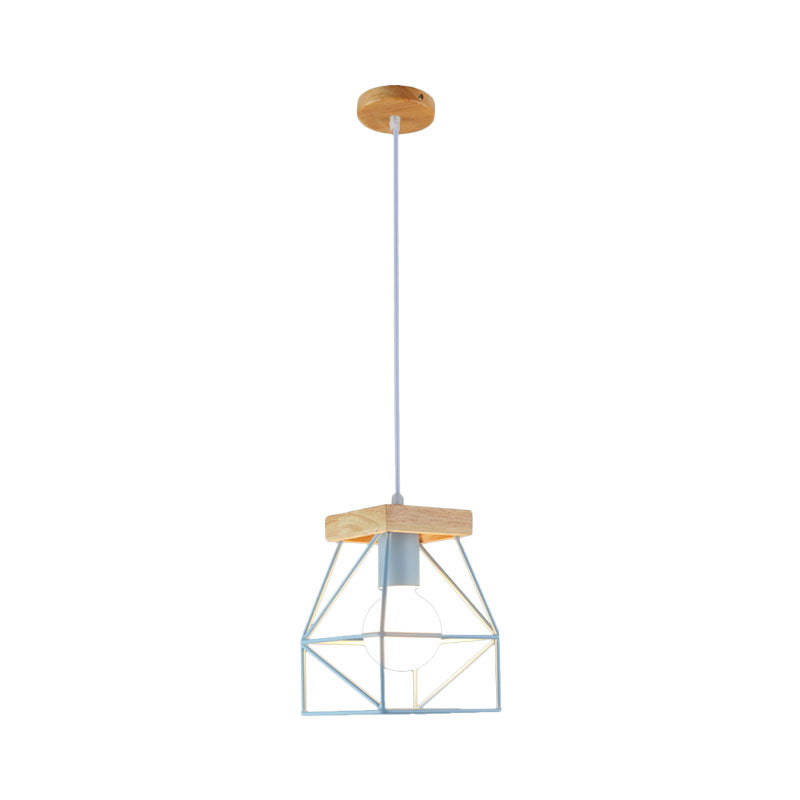 Geometric Pendant Light with Cage Shade - 1 Light Metal Lighting in Black/Blue for Bedroom