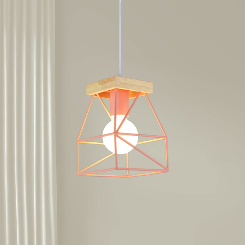 Geometric Macaron Pendant Light With Cage Shade For Bedroom - 1 Minimalist Metal Lighting In