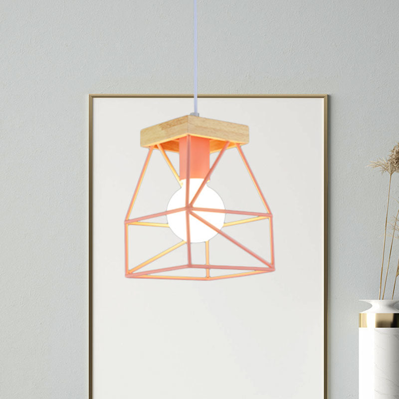 Geometric Pendant Light with Cage Shade - 1 Light Metal Lighting in Black/Blue for Bedroom