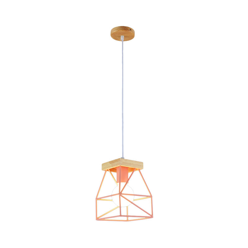 Geometric Pendant Light with Cage Shade - 1 Light Metal Lighting in Black/Blue for Bedroom