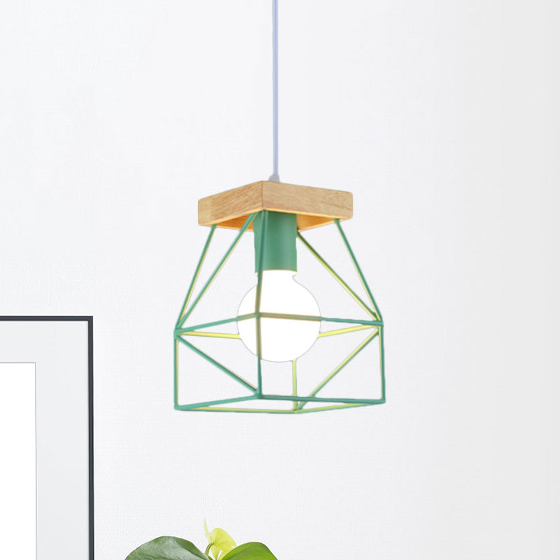 Geometric Pendant Light with Cage Shade - 1 Light Metal Lighting in Black/Blue for Bedroom