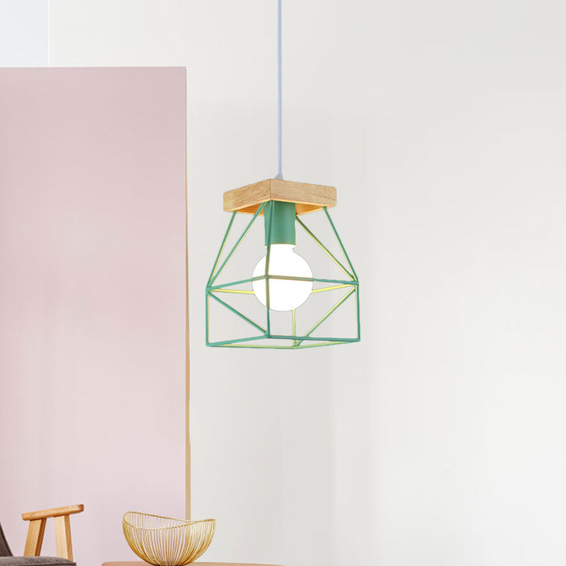 Geometric Macaron Pendant Light With Cage Shade For Bedroom - 1 Minimalist Metal Lighting In