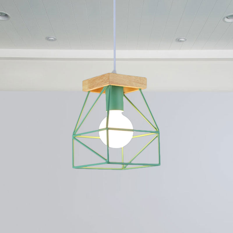 Geometric Macaron Pendant Light With Cage Shade For Bedroom - 1 Minimalist Metal Lighting In