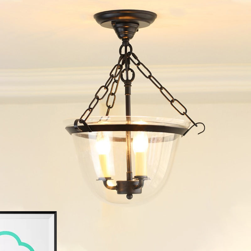 Lustre industriel en verre transparent - Luminaire suspendu noir à 3 lumières pour salle à manger avec design en forme de dôme et chaîne