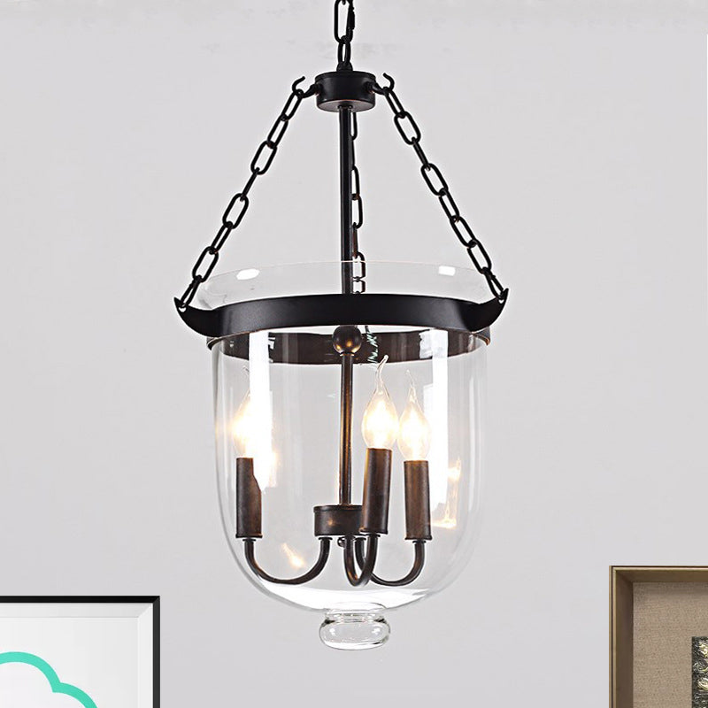 Lustre industriel en verre transparent - Luminaire suspendu noir à 3 lumières pour salle à manger avec design en forme de dôme et chaîne