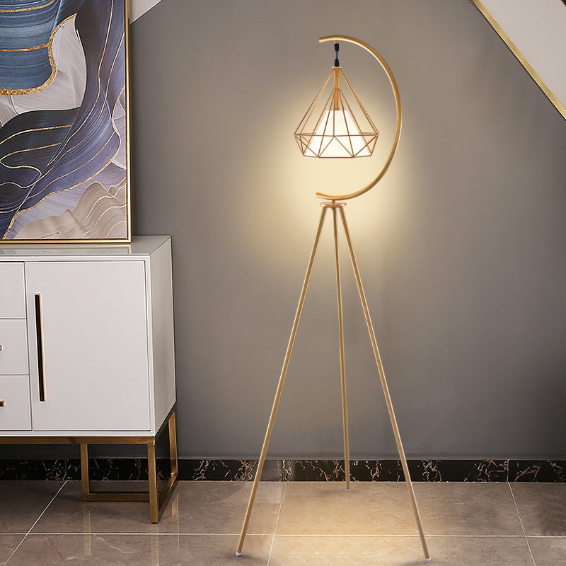 Modernist Black/Gold Diamond Cage Floor Lamp With Tri-Leg Stand - 1 Light Metal Gold