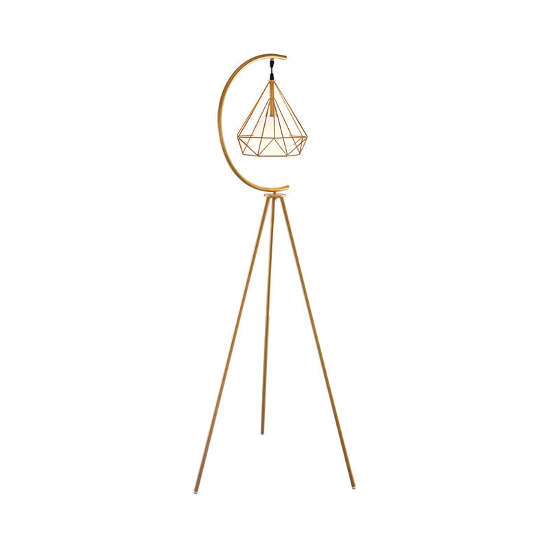Modernist Black/Gold Diamond Cage Floor Lamp With Tri-Leg Stand - 1 Light Metal