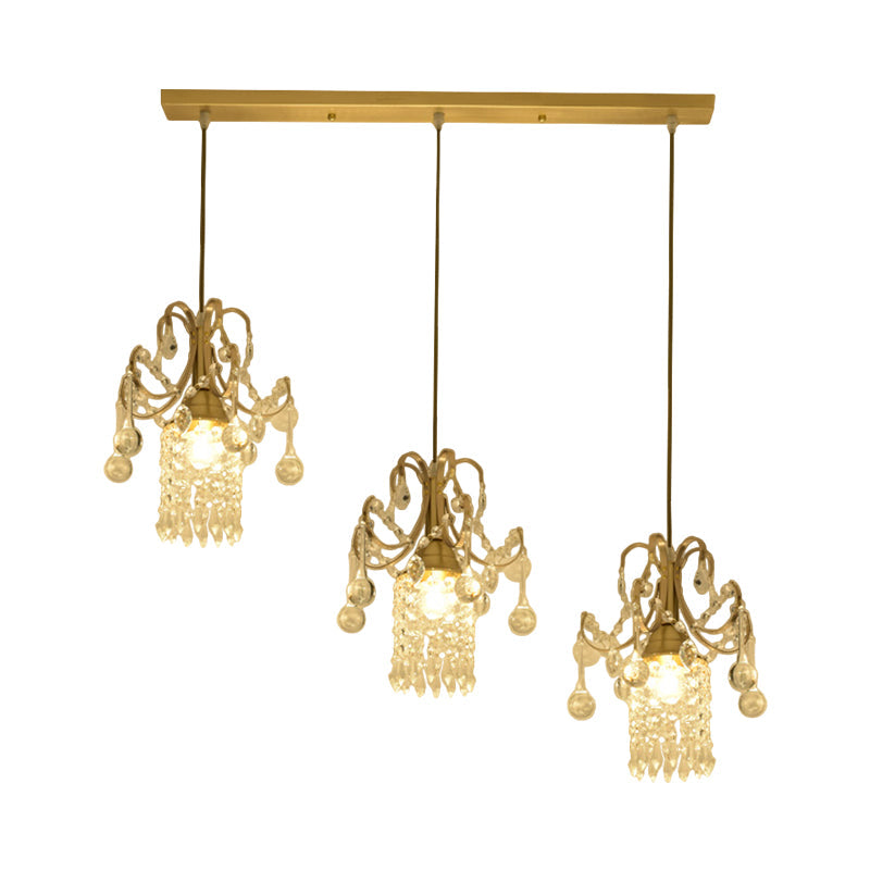 Crystal Drip Cylindrical Island Pendant - Minimalist Brass Suspension Lamp for Dining Table