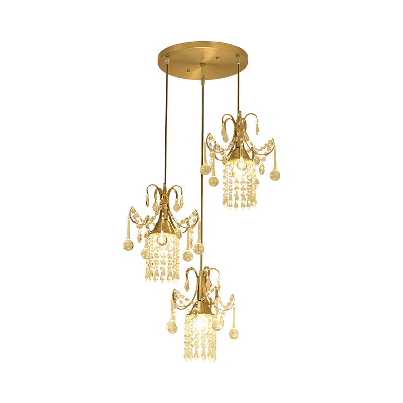 Modernist Crystal Droplet Cylinder Multi Ceiling Light - 3-Light Brass Pendant for Dining Room