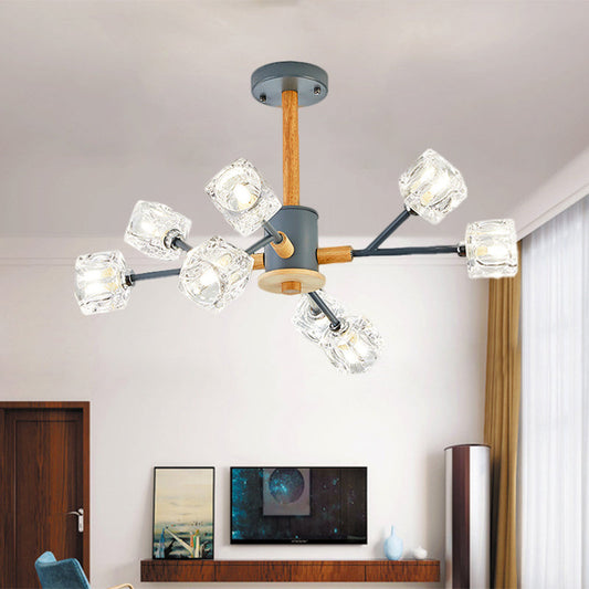 Modern Cube Clear Crystal Chandelier with 8 Grey Wood Branch Lights