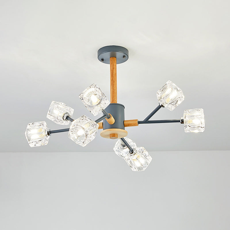 Lustre moderne en cristal transparent avec 8 branches en bois gris