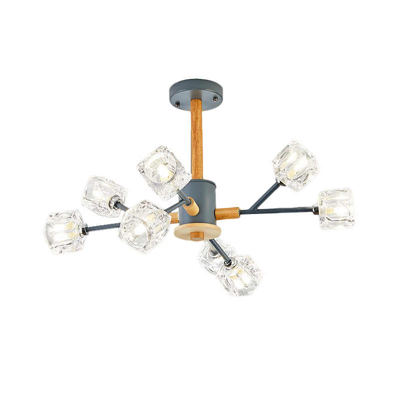 Lustre moderne en cristal transparent avec 8 branches en bois gris