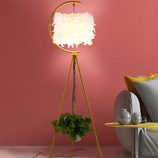 Feather Deco Drum Floor Lamp - Contemporary Tri-Leg Design Black/Gold Perfect For Single Bedrooms
