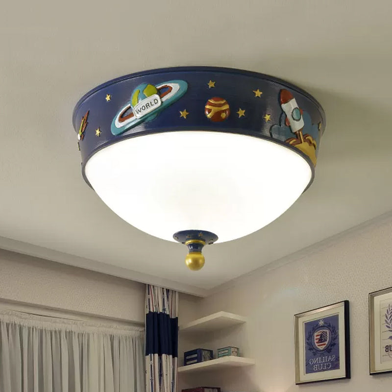 White Glass Bowl Ceiling Light - Cartoon LED Blue Flush Mount with Space Pattern in Warm/White Light
