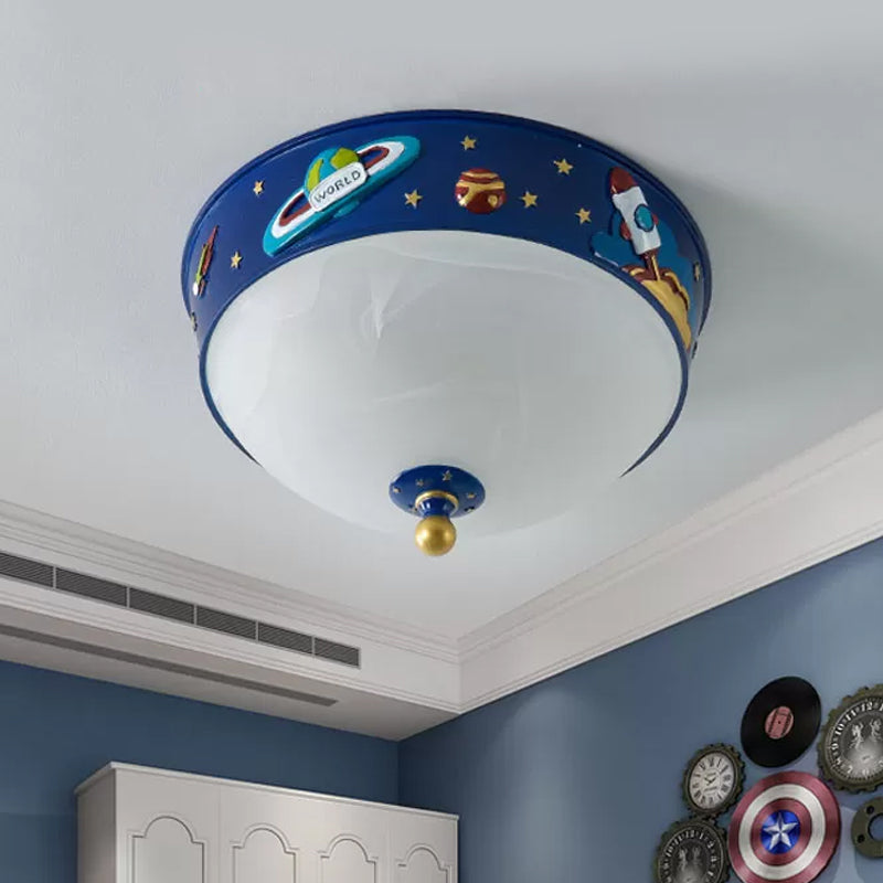 White Glass Bowl Ceiling Light - Cartoon LED Blue Flush Mount with Space Pattern in Warm/White Light