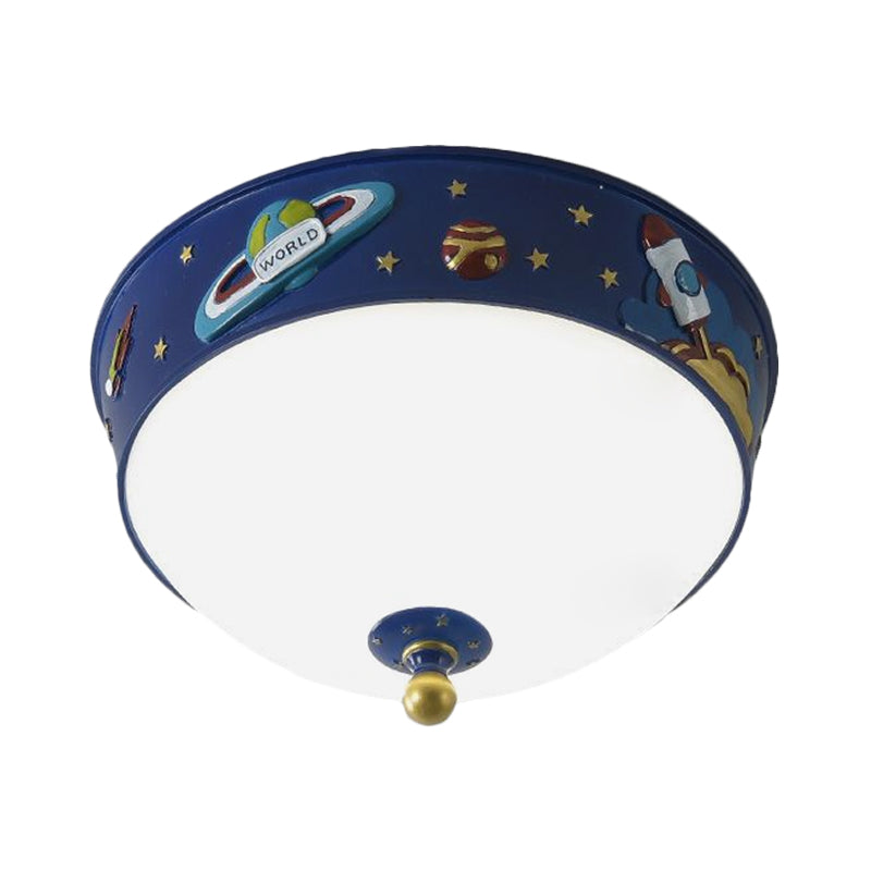 White Glass Bowl Ceiling Light - Cartoon LED Blue Flush Mount with Space Pattern in Warm/White Light