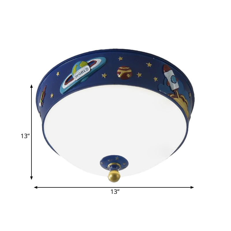 White Glass Bowl Ceiling Light - Cartoon LED Blue Flush Mount with Space Pattern in Warm/White Light