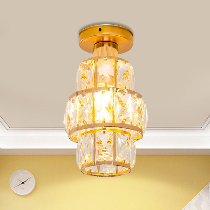 Traditional Gold Crystal Flush Mount Foyer Lamp with Beveled Inlay