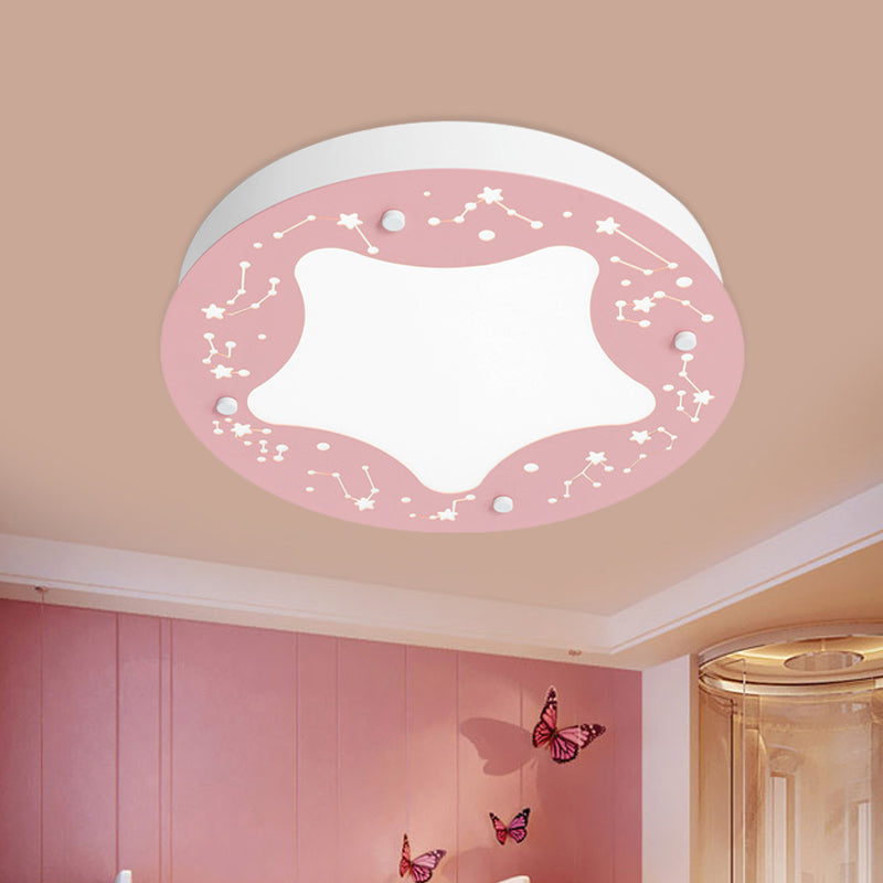 Cartoon LED Acrylic Flush Mount Light - Green/Pink Circular Flush with Star Pattern