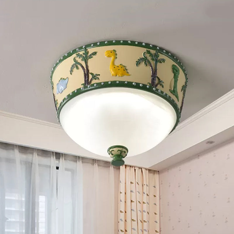 Bowl Opal Glass Ceiling Lamp - Kids Blue/Yellow LED Flush Mount with Dinosaur and Tree Pattern - White/Warm Light