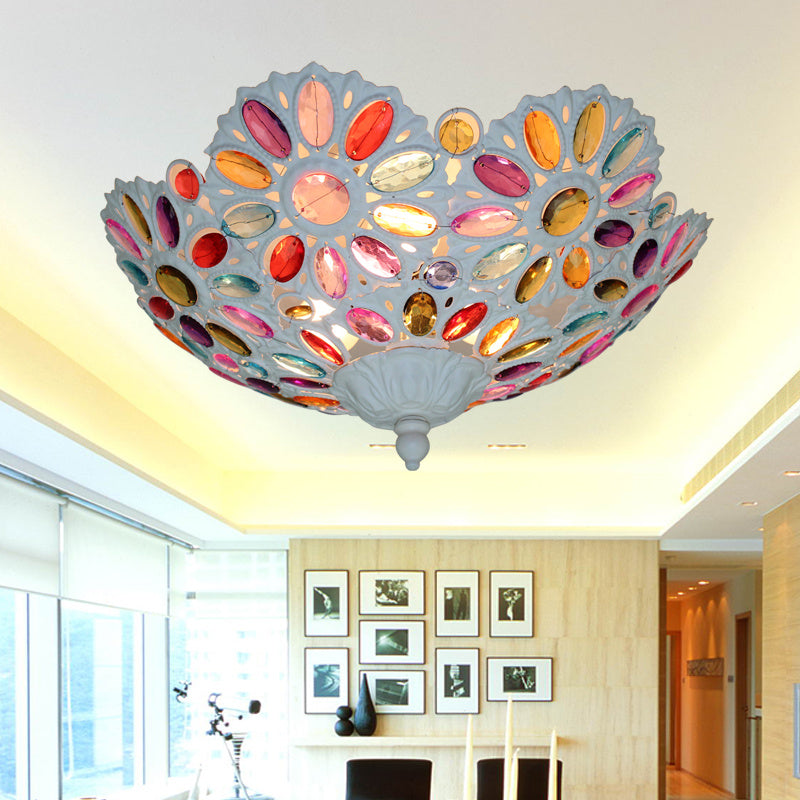 Rural Style White Flushmount Ceiling Lamp with 3 Metal Bowl Heads for Living Room