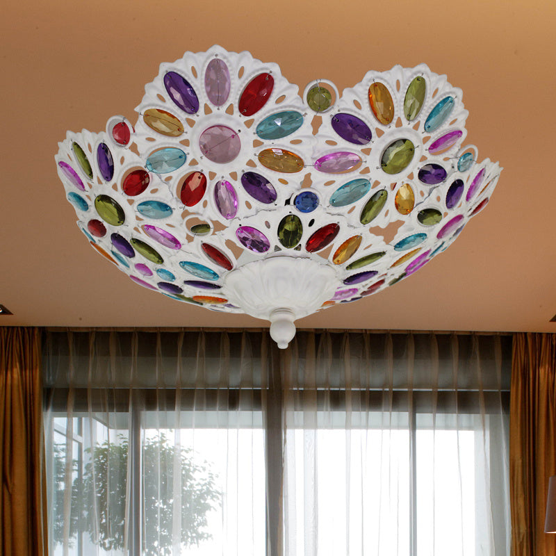 Rural Style White Flushmount Ceiling Lamp with 3 Metal Bowl Heads for Living Room