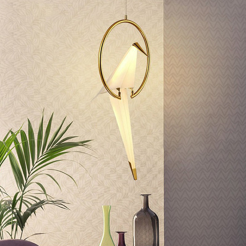 Modern LED Pendant Light with White Birdie Design, Metal Ring, and Warm/White Lighting