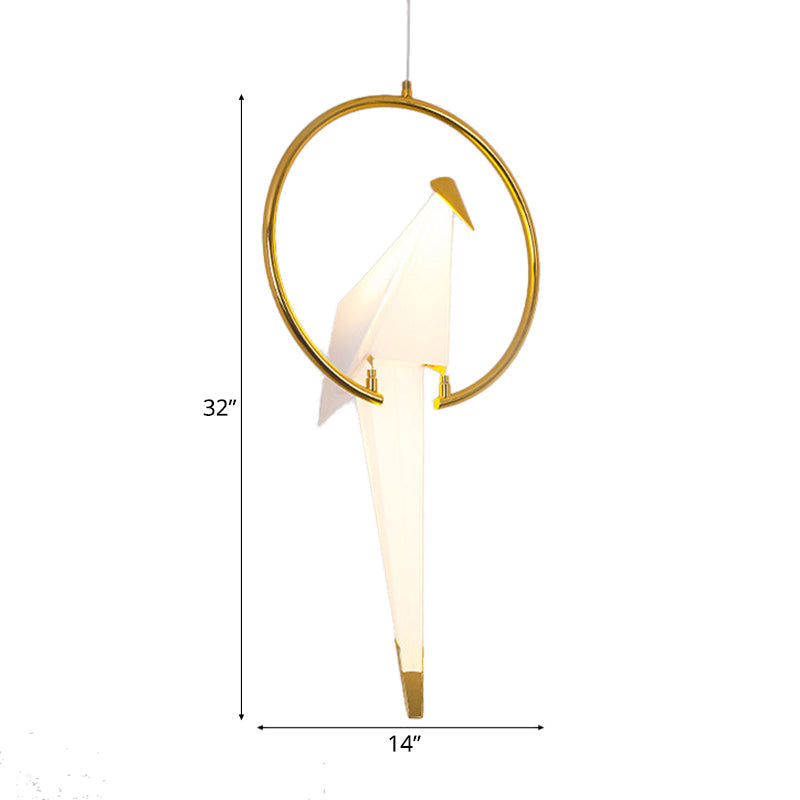 Modern LED Pendant Light with White Birdie Design, Metal Ring, and Warm/White Lighting