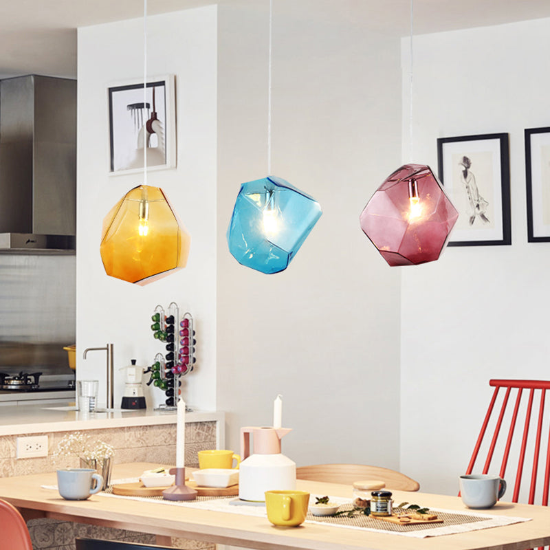 Contemporary Glass Pendant Light - Faceted Grey/Orange/Purple - 1-Light LED Hanging Lamp for Dining Room Fixture