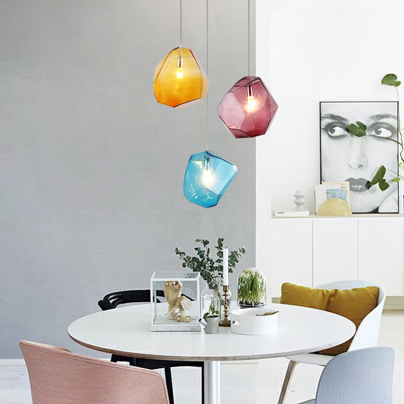 Contemporary Glass Pendant Light - Faceted Grey/Orange/Purple - 1-Light LED Hanging Lamp for Dining Room Fixture