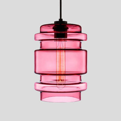 Simplicity Glass Cylindrical Hanging Lamp - 1-Light Pink/Yellow/Blue Ceiling Light Pink / B