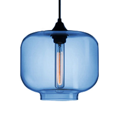 Contemporary Glass Hanging Lamp - Cylinder Shape, 1 Light, Red/Brown/Blue