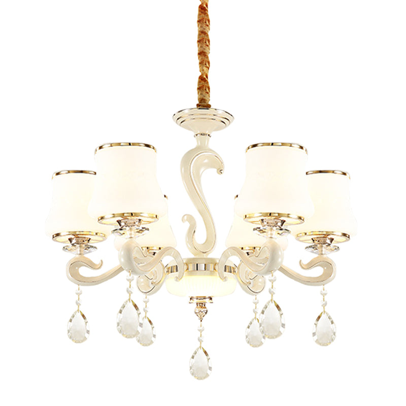 Lustre de chambre à coucher moderne en verre opale incurvé blanc avec 6 ampoules