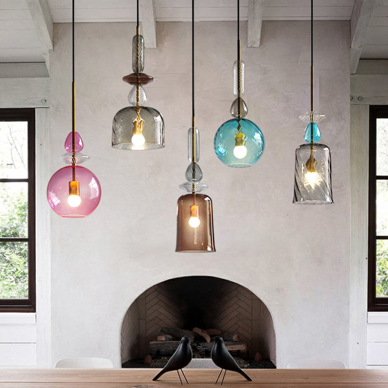 Modernist 1-Light Suspension Pendant with Pink/Blue/Amber Globe/Cylindrical/Dome Design - Smooth/Water Glass Ceiling Light